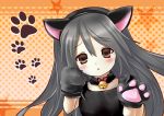  1girl alternate_costume animal_ears bell blush brown_eyes cat_ears fake_animal_ears fur_collar gloves grey_hair hairband haruna_(kantai_collection) head_tilt jingle_bell kantai_collection light_frown long_hair looking_at_viewer orange_background paw_gloves paw_pose paw_print polka_dot polka_dot_background solo star tsukiori_sasa upper_body 