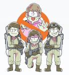  4boys beanie boots brothers brown_hair ghostbusters goggles goggles_on_head grin hat heart heart_in_mouth hood hoodie japoland jumpsuit kneeling male_focus matsuno_choromatsu matsuno_ichimatsu matsuno_osomatsu matsuno_todomatsu messy_hair multiple_boys osomatsu-kun osomatsu-san parody proton_pack shaded_face siblings simple_background smile sweat uniform white_background 