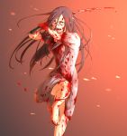  1girl barefoot black_hair blood blood+ dress long_hair looking_at_viewer otonashi_saya red_eyes solo sword weapon 
