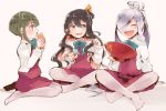  3girls asashimo_(kantai_collection) black_hair bowl brown_eyes glass green_hair itomugi-kun juice kantai_collection long_hair multicolored_hair multiple_girls naganami_(kantai_collection) open_mouth pink_hair school_uniform sharp_teeth short_hair silver_hair smile takanami_(kantai_collection) teeth 