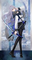  1girl belt black_legwear blue blue_eyes dress electricity female full_body grey_hair highres katana loafers long_hair looking_at_viewer original pantyhose rintarou8672 sailor_dress scarf school_uniform sheath shoes silver_hair skirt solo sword text translation_request weapon 