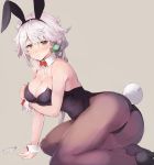  1girl all_fours animal_ears ass back-seamed_legwear beige_background black_legwear black_shoes blush bow bowtie braid breast_hold breasts brown_eyes bunny_tail bunnysuit choker earrings fake_animal_ears hairband hanging_breasts high_heels highres jewelry kantai_collection leotard long_hair looking_at_viewer nose_blush pantyhose rabbit_ears red_bow red_bowtie seamed_legwear shoes silver_hair simple_background single_braid solo sumisu_(mondo) tail unryuu_(kantai_collection) very_long_hair wrist_cuffs 