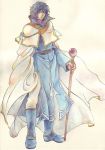  1boy belt blue_eyes blue_hair boots cape come-sta expressionless fire_emblem fire_emblem:_akatsuki_no_megami long_hair pants pelleas robe solo staff standing traditional_media white_background 
