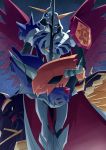  2boys alphamon bandai blue_eyes cape digimon digimon_adventure_tri. horns looking_at_viewer male_focus monster multiple_boys omegamon otokamu royal_knights shoulder_pads simple_background sword weapon wings 