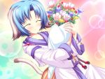  blue_hair blush bouquet closed_eyes flower game_cg haruhi_sarasa highres inakoi short_hair smile tail tenmaso 