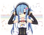  1girl alternate_costume alternate_hairstyle blue_hair blush detached_collar detached_sleeves hair_ornament headphones highres hinanawi_tenshi long_hair looking_at_viewer matsuri_uta musical_note red_eyes smile solo touhou twintails wink 