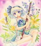  blue_eyes flower hairband katana konpaku_youmu mouth_hold pemoko ribbon short_hair silver_hair solo sword touhou traditional_media watercolor_(medium) weapon 