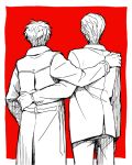  2boys android coat elijah_baley hand_on_shoulder kurosuke_(nora) monochrome multiple_boys r_daneel_olivaw the_caves_of_steel 