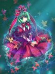  bow dress expressionless frills green_eyes green_hair hair_ribbon kagiyama_hina leaf leaves looking_up red_dress ribbon rie_(artist) rie_(reverie) touhou v_arms 