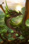  cloud clouds dragon fantasy highres horns original red_eyes sky sun tree ucchiey wings 