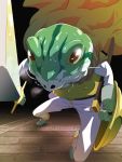  cape chrono_trigger f_(pixiv) foreshortening frog frog_(chrono_trigger) fuji_(pixiv418373) kaeru_(chrono_trigger) male nostrils perspective reflection shield sword weapon yellow_eyes 