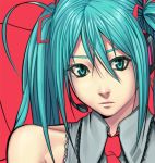  aqua_hair bare_shoulders hair_ribbon hatsune_miku headset long_hair necktie ribbon simple_background syuei twintails vocaloid 