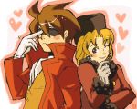  blues_(rockman) blush brown_hair capcom coat cravat gloves hat heart jacket kalinka_cossack lowres oekaki rockman rockman_(classic) rockman_(original) sunglasses 