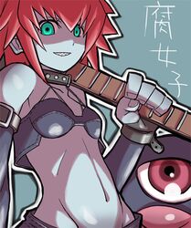  aka_(pixiv) aka_(pixiv193029) bare_shoulders blue_skin buckle buckles capcom collar elbow_gloves eyeball fingerless_gloves flat_chest genderswap gloves green_eyes guitar instrument midnight_bliss midriff navel orange_hair red_hair redhead sharp_teeth short_hair smile vampire_(game) zabel_zarock 