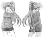  arms_behind_back blush closed_eyes lowres mahou_shoujo_lyrical_nanoha mahou_shoujo_lyrical_nanoha_strikers monochrome off_shoulder raising_heart side_ponytail smile sweater takamachi_nanoha 