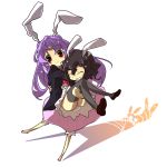  animal_ears bad_id barefoot blush brown_hair bunny_ears carrying dress grin happy highres inaba_tewi kokoroke long_hair princess_carry purple_hair rabbit_ears red_eyes reisen_udongein_inaba short_hair smile thigh-highs thighhighs touhou 