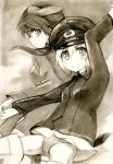  animal_ears erica_hartmann gertrud_barkhorn hand_holding hat highres holding_hands kisetsu monochrome multiple_girls open_mouth panties sepia strike_witches striker_unit striker_units tail underwear uniform 