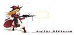  :o absurdres angry asymmetrical_clothes bipod blonde_hair bow braid bullet casing_ejection character_name dress firing gun hat highres kirisame_marisa kneeling long_hair m249 machine_gun muzzle_flash open_mouth ribbon shell_casing shoes solo torn_clothes touhou weapon witch_hat 