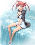  blue_eyes breasts cleavage futaori_arisa highres legs lips long_hair original red_hair redhead sitting twintails water waterfall 