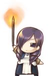  1girl apron brooch chibi daniella demento dress drill_hair fire_poker hair_over_one_eye holding holding_weapon jewelry maid purple_eyes purple_hair simple_background solo twin_drills weapon white_background wrist_cuffs 