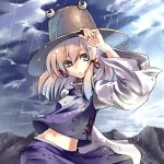  blue_eyes eyes gradient_hair hand_on_hat hands hat hat_tip midriff miya9 moriya_suwako multicolored_hair navel rain short_hair solo touhou 