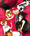  akiyama_mio bare_shoulders don&#039;t_say_lazy don't_say_&quot;lazy&quot; drumsticks elbow_gloves gloves green_legwear guitar hair_bun hat hirasawa_yui instrument k-on! keytar kotobuki_tsumugi les_paul mini_top_hat multiple_girls musical_note okra_boom okura_buumu pantyhose single_glove striped striped_gloves tainaka_ritsu top_hat 