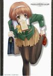  brown_eyes brown_hair food hairband highres kimizuka_aoi leaning leaning_forward mouth_hold pantyhose plaid putting_on_shoes scan scan_artifacts school_bag school_uniform short_hair skirt sparkle standing_on_one_leg tartan toast toast_in_mouth 