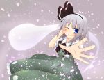  blush cherry_blossoms foreshortening ghost grey_hair hairband hand_in_hair hands katanakko_daisuki katanakodaisuki konpaku_youmu konpaku_youmu_(ghost) myon outstretched_hand petals ribbon short_hair silver_hair smile touhou wink 