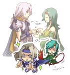  armor bare_shoulders blue_eyes cape cecil_harvey closed_eyes detached_sleeves final_fantasy final_fantasy_iv green_hair hair_ornament hairpin headband jewelry jj0etn paladin ring rydia sweatdrop tears translated translation_request whip white_hair 