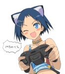  animal_ears blue_eyes blue_hair blush_stickers cat_ears collar controller fang game_controller hair_ornament hairclip highres ikeda_kana midriff saki short_hair simple_background smile suspenders wink xbox_360 