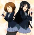  akiyama_mio back-to-back back_to_back black_eyes black_hair blazer blush brown_hair castanets closed_eyes hair_ornament hairclip hirasawa_yui instrument k-on! kyoku_tou long_hair multiple_girls pantyhose school_uniform short_hair skirt smile 