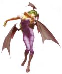  absurdres arched_back bangs bare_shoulders bat bat_wings boots breasts bridal_gauntlets capcom christine_choi cleavage darkstalkers demon_girl demon_wings fur_trim gloves green_hair head_wings headwings highleg highleg_leotard highres knee_boots leotard long_hair looking_at_viewer morrigan_aensland official_art outstretched_arm pantyhose print_pantyhose purple_legwear scan simple_background solo standing succubus udon udon_entertainment vampire_(game) white_background wings 