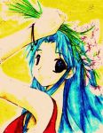  blue_eyes blue_hair botan_(yu_yu_hakusho) botan_(yuu_yuu_hakusho) bracelet braclet flower jewelry long_hair red_shirt smile traditional_media watercolor watercolor_(medium) yu_yu_hakusho yuu_yuu_hakusho 