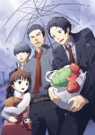  adachi_tohru apple black_hair brown_hair cabbage doujima_nanako doujima_ryoutarou father_and_daughter food fruit ginsyari kuma_(persona_4) male narukami_yuu necktie persona persona_4 rain seta_souji umbrella 