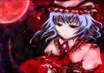  awkwardkuroki bad_id bat_wings blue_hair brooch bust colored_eyelashes expressionless full_moon hat jewelry moon red_eyes red_moon remilia_scarlet short_hair touhou wings 
