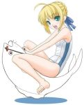  ahoge barefoot blonde_hair fate/stay_night fish green_eyes hair_ribbon ribbon riding saber school_swimsuit swimsuit t2r white_school_swimsuit 