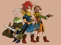  bag blue_eyes boots cape chrono_trigger crono frog glasses gun headband helmet kaeru_(chrono_trigger) lucca_ashtear neckerchief purple_hair red_hair redhead satchel shield spiked_hair spiky_hair sword weapon zenra_(pixiv34426) 