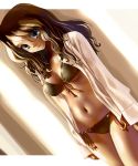  blue_eyes breasts brown_hair dutch_angle front-tie_top katahira_masashi long_hair navel open_clothes open_shirt original shirt side-tie_bikini smile string_bikini swimsuit 