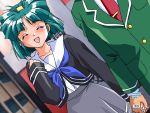  1girl 90s blush cap green_hair holding_hands kokura_masashi official_art sakura_kaedeko scan school_uniform screencap tokimeki_memorial tokimeki_memorial_2 