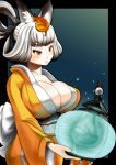  @ma? breasts brown_eyes cleavage eyeshadow fox_ears hair_up huge_breasts inari izuna_jinkuro japanese_clothes kimono kongiku lantern leaf leaf_on_head night oboro_muramasa oboro_muramasa_youtouden paper_lantern silver_hair sky vanillaware wink 