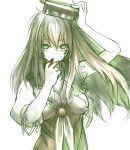  eho_(icbm) green hand_on_hat hat kaiho kamishirasawa_keine long_hair monochrome spot_color torn_clothes touhou yandere 