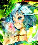  bad_id blue_eyes blue_hair cirno eyelashes face food food_on_face fruit hands nude reri short_hair smile touhou 