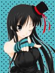 1girl akiyama_mio asamiya bare_shoulders black_hair don&#039;t_say_&quot;lazy&quot; don&#039;t_say_lazy dress fingerless_gloves gloves grey_eyes hat k-on! long_hair mini_top_hat point pointing single_glove smile solo striped striped_gloves top_hat wink 