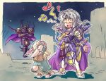  armor bessend boots bunny_ears bunny_tail cape cecil_harvey closed_eyes final_fantasy final_fantasy_iv floating golbeza hairband long_hair moon namingway night night_sky paladin rabbit_ears silver_hair singing sky sweatdrop tail turban wristband wristbands 