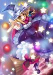  braid broom broom_riding danmaku hat kirisame_marisa magic_circle rie_(artist) rie_(reverie) scarf short_hair star touhou witch_hat yellow_eyes 