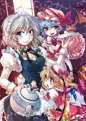  blonde_hair blue_eyes blue_hair braid cake flandre_scarlet food hairband hat izayoi_sakuya kettle matilda matilda_(artist) pastry ponytail red_eyes remilia_scarlet short_hair side_ponytail silver_hair touhou twin_braids wings wrist_cuffs 