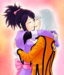  cka hug japanese_clothes kiss lips multiple_girls murasaki_(ekyu) mutual_yuri purple_hair raine_sage sheena_fujibayashi short_hair silver_hair smile tales_of_(series) tales_of_symphonia yuri 