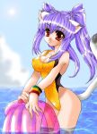  beach cat_ears cat_tail catgirl cleavage long_hair purple_hair red_eyes swimsuit thigh-highs 