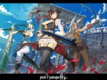  animal_ears arrow blue_hair boots bow bow_(weapon) braid gun hat knife_(artist) long_hair multiple_girls pirate_hat pixiv pixiv_fantasia pixiv_fantasia_3 red_eyes red_hair redhead rifle ruins silver_hair thigh-highs thighhighs twin_braids weapon 