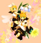  blue_eyes blush detached_sleeves flower hair_ribbon happy kagamine_len kagamine_rin lily_of_the_valley necktie ribbon short_hair shorts siblings twins vocaloid wings yukkii 